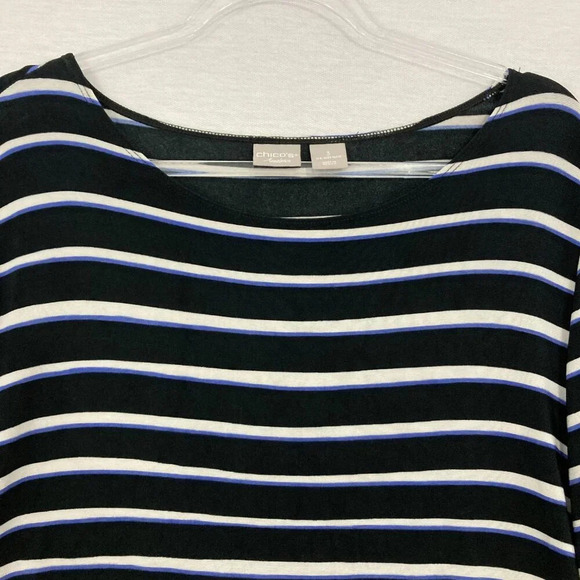 Chico's Travelers Black White Striped Slinky Knit Flare Sleeve Top size 16/18 - Picture 3 of 9